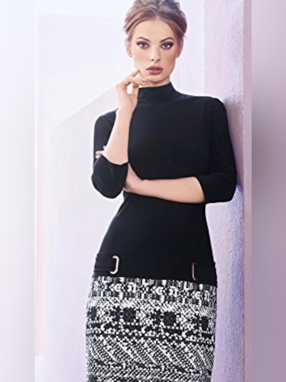 Joseph Ribkoff Black Mock-Neck Dress with Patterned Skirt